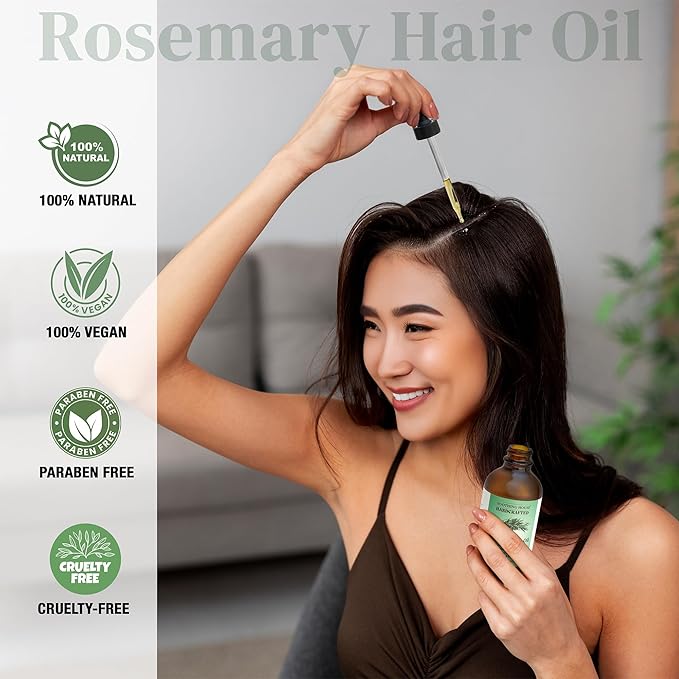 100% Natural Rosemary Hair & Scalp Oil – Strengthens, Nourishes & Moisturizes – Reduces Breakage & Frizz – Handcrafted with Castor, Jojoba & Vitamin E – All Hair Types (4oz)