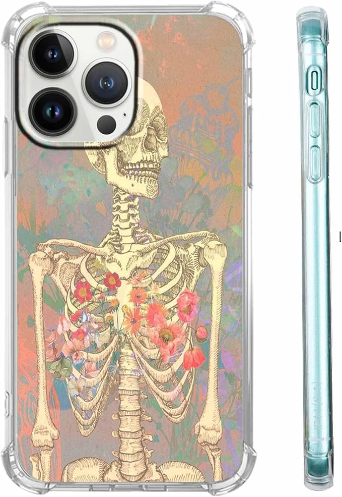 Case for iPhone 14 Pro Max with Skull Art Design,Aesthetic Flower Skeleton Bone Pattern,Soft TPU Bumper Phone Cover(14pm,Skull)