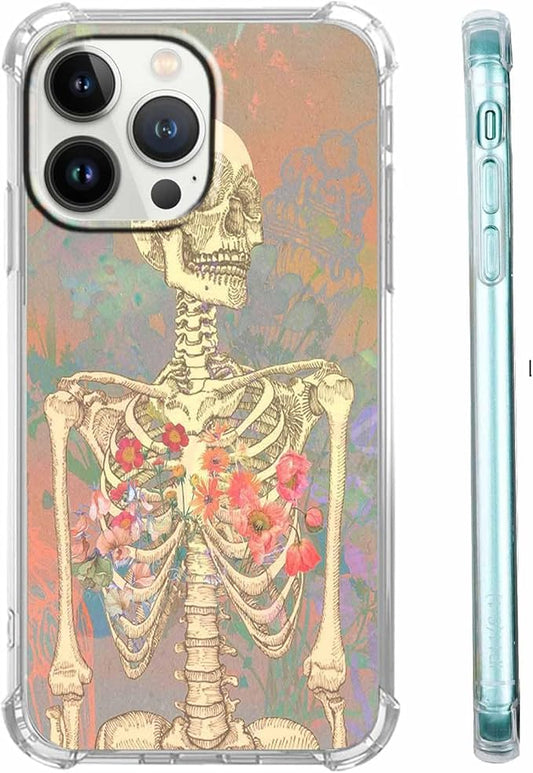 Case for iPhone 14 Pro Max with Skull Art Design,Aesthetic Flower Skeleton Bone Pattern,Soft TPU Bumper Phone Cover(14pm,Skull)
