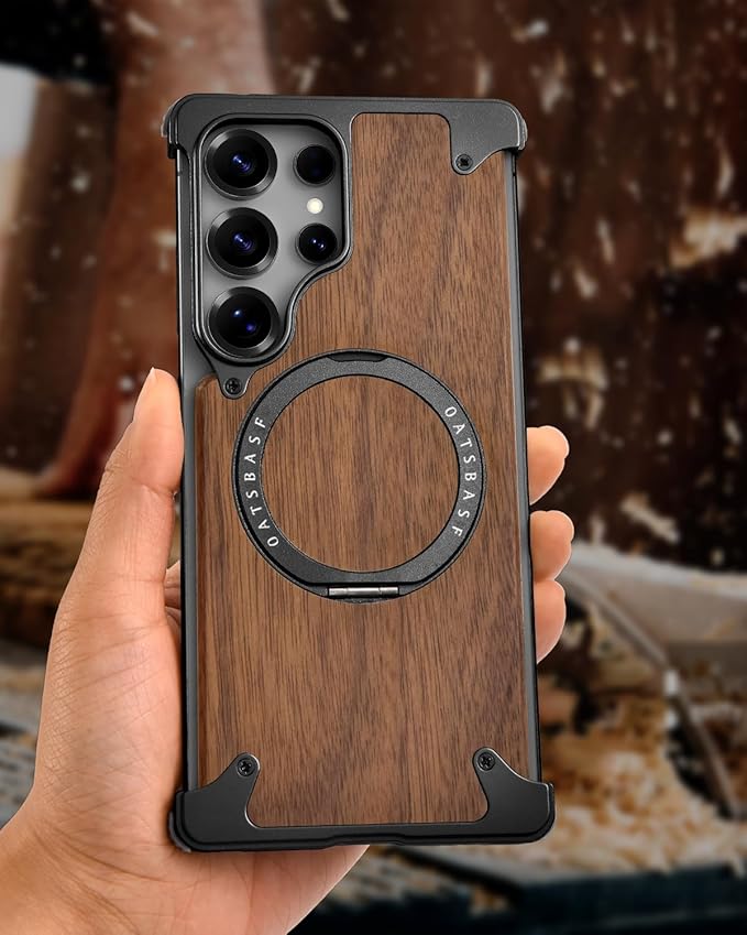 OATSBASF Magnetic Wood Case Compatible with Samsung Galaxy S25 Ultra, [Natural Wood & Aluminum] Shockproof Protective Cover Unique Wooden Case with 360° Ring Stand, Black