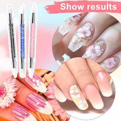 3 Pcs Nail Art Sculpture Pen, Dual Tipped Silicone Nail Tools, Silicone Head Acrylic Handle Nail Art Brushes for Design Nail Foil Carving Drawing Effect Shaping Drawing (Black, Pink, Royal Blue)