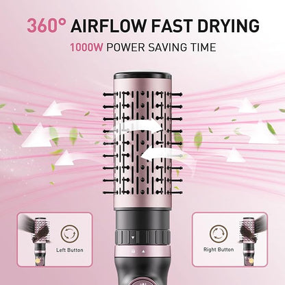 3-in-1 Rotating Hair Dryer Brush Blow Dryer with Interchangeable Heads, Hair Styling Tools for Straightening/Drying/Curling, Spinning Thermal Brush Blowout Set for Long Hair, Rose Gold