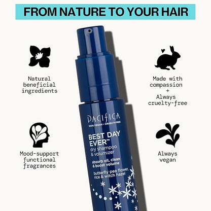 Pacifica Dry Shampoo Powder - Best Day Ever Waterless Shampoo & Instant Volumizer - adds Texture, Refreshes & Absorbs Oil, Non-Aerosol for Women of All Hair Types Natural & Vegan Dermatologist Tested