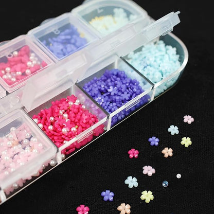 3D Pink Pastel Acrylic Flower Nail Charms - Mixed Rhinestones Kit with Gold Caviar Beads & Crystal AB Color Gems