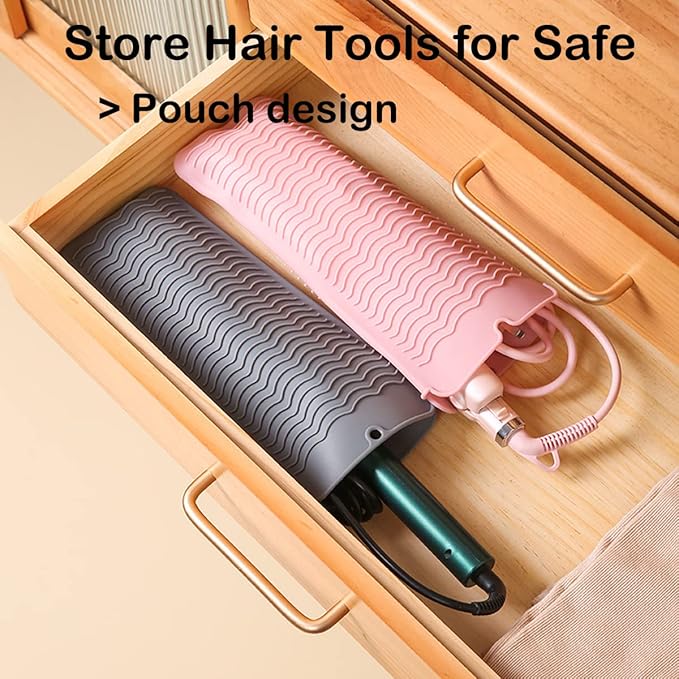 2 Heat Resistant Silicone Mat with Hanging Hole, Straightener Heat Resistant Travel Mat & Pouch for Curling Iron, Flat Iron and Other Hot Hair Styling Tools, 11 x 5 in, Gray