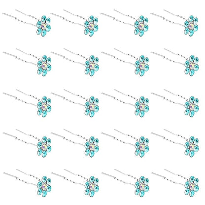 20 Pack (Blue) Crystal Flower Hair Pins Rhinestone Hair Clips for Bridal Wedding Women Hair Jewelry Accessories, with Clear Container