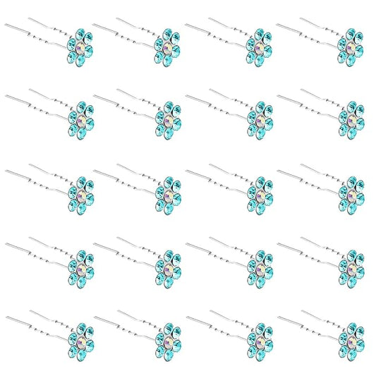 20 Pack (Blue) Crystal Flower Hair Pins Rhinestone Hair Clips for Bridal Wedding Women Hair Jewelry Accessories, with Clear Container