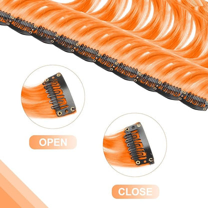 10 PCS Orange Clip-in Curly Wavy Synthetic Hair Extensions, Rainbow Neon Party Highlights, Colorful Hair Accessories for Kids, Girls, Women, 17 Inch