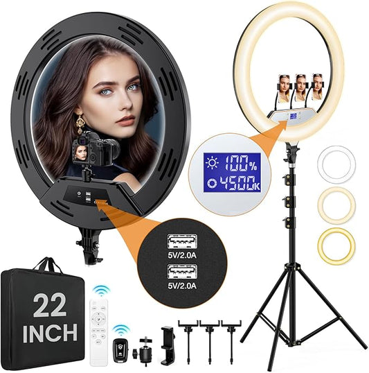 22in Large Ring Light with Stand,512pcs Bulbs Big Ring Light with 75" Tripod for iPhone/LED Display/4 Clips/2 USB Ports,2600K-6500K Dimmable Barber Light,for TikTok Video Recording Tattoo Lash Makeup