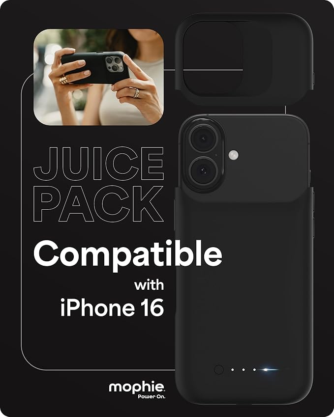 mophie Juice Pack Battery Case for iPhone 16 - Slim Charging Case, Magnetic Back for Wallets & Mounts, +50% Extra Battery Life, Enhanced 6-Foot Drop Protection, Sustainable Material, Black