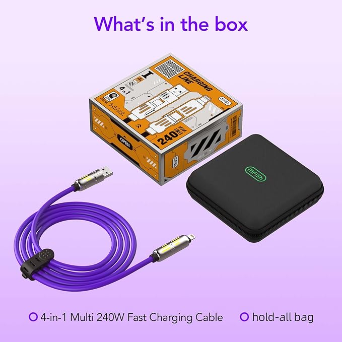 4-in-1 Universal Multi USB Charging Cable – 240W Max Fast Charger Cord with Multiple Connectors for iPhone 16/15/14/13, iPad, Samsung, MacBook, Tablets & More (Purple, 6.6Ft)