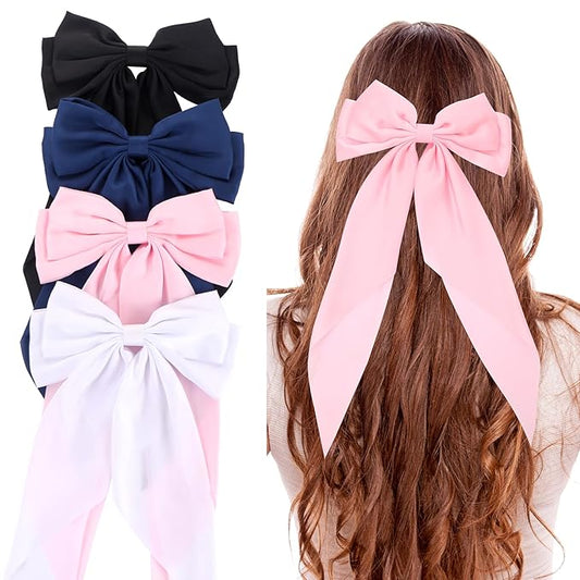 Silky Satin Oversized Hair Bows for Women Girls 4 PCS Hair Ribbon Bow Hair Clips with Long Tails （Black, White, Pink, Navy ）