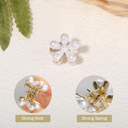 16 Pcs Small Pearl Claw Clips with Flower Design, Mini Hair Clips for Thin Thick Hair, Sweet Tiny Hair Clips, Little Flower Hair Jaw Clamps, Nonslip Bangs Pins Hair Accessories for Women Girls