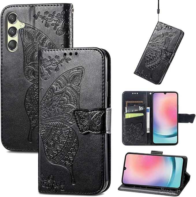 for Samsung Galaxy S25 Case Wallet PU Leather Credit Card Holder Full Body Cute Butterfly Design with Wrist Strap Soft TPU Bumper Full Body Protective Phone Case for Girls Women Black