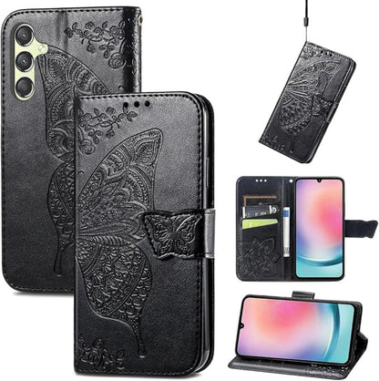 for Samsung Galaxy S25 Plus Case Wallet PU Leather Credit Card Holder Full Body Cute Butterfly Design with Wrist Strap Soft TPU Bumper Full Body Protective Phone Case for Girls Women Black