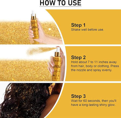 Body Glitter Spray, Shimmer Spray, Gold Glitter for Hair and Body, Glitter Hairspray, Spray for Women Makeup Party Festival Rave 4FL.OZ