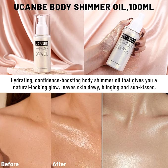 UCANBE Body Shimmer Oil 100ml, Moisturizing Face Body Glow Glitter Oil, Waterproof Shimmering Body Luminizer Liquid Illuminator Highlighter, Tinted Shimmer Body Lotion Glowing Bronzer Makeup(Silver)