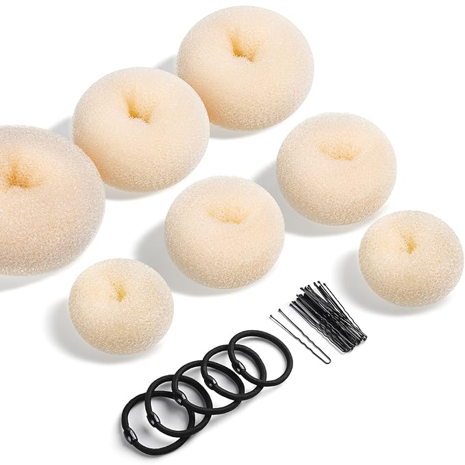 Teenitor Donut Bun Maker Set - Hair Bun Ring with 5 Bands, 20 Bobby Pins & 7 Chignons (2 Small, 2 Medium, 1 Large, 1 Extra-Large) for Hairstyles in Beige