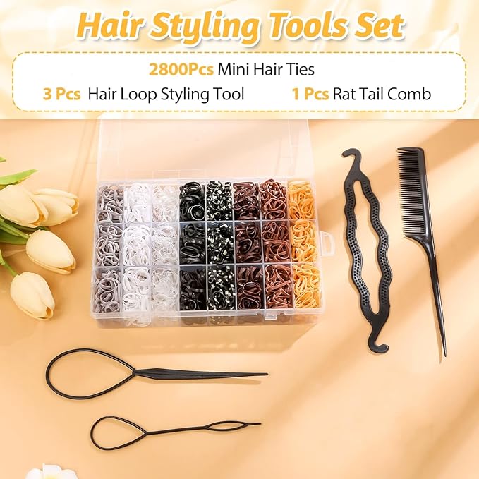 2800Pcs Neutral Color Rubber Bands for Hair, Small Elastic Hair Ties with Organizer Box Mini Plastic Hair Bands with Hair Tie Cutter Hair Styling Accessories Tool Set for Girls Kids Baby Toddler Women
