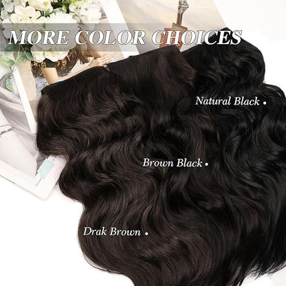 MORICA Invisible Wire Hair Extensions - 20 Inch Dark Brown Long Wavy Synthetic Hairpiece with Transparent Wire Adjustable Size, 4 Secure Clips for Women