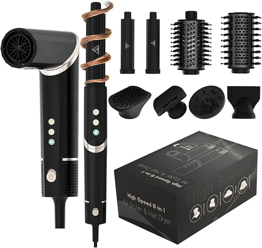 8-in-1 Hot Air Styler&Hair Dryer Brush, Powerful Multi-Styler with Auto-Wrap Curler with Storage Case, Fast Drying Curling Straightening Volumizing Without Heat Damage