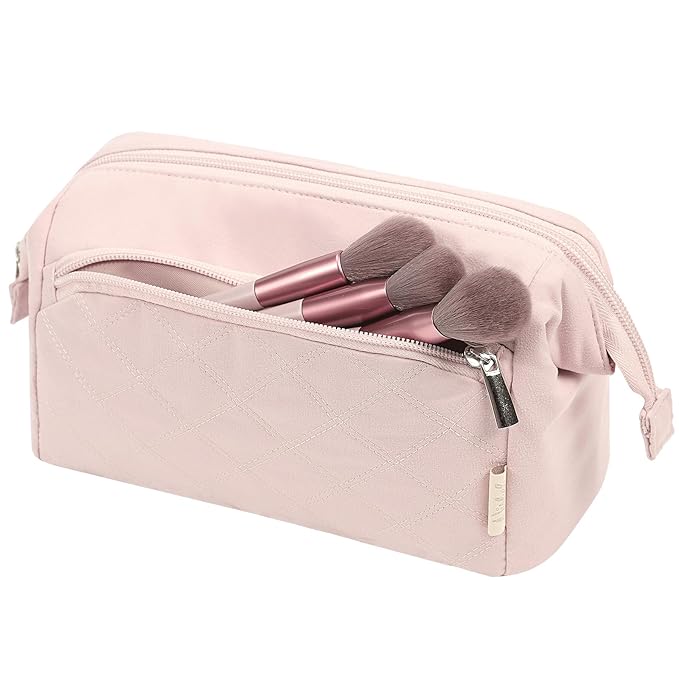 NISHEL Travel Makeup Bag for Women with Front Pockets, Large Wide-open Case, Portable Organizer To Hold Travel-Size Accessory Bottles, Cosmetics, Brushes, Skincare Products, Pink