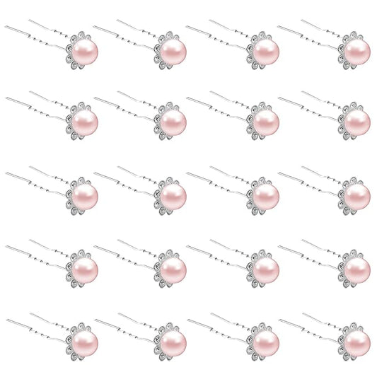 20 Pack (Pink) Pearl Crystal Hair Pins Flower Rhinestone Hair Clips for Bridal Wedding Women Hair Jewelry Accessories, with Clear Container