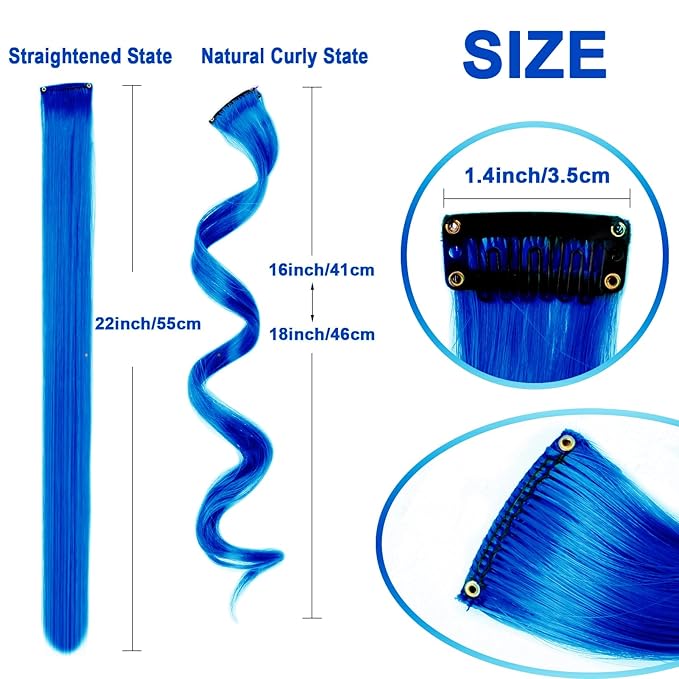 10 PCS Blue Clip-in Curly Wavy Synthetic Hair Extensions, Rainbow Neon Party Highlights, Colorful Hair Accessories for Kids, Girls, Women, 17 Inch