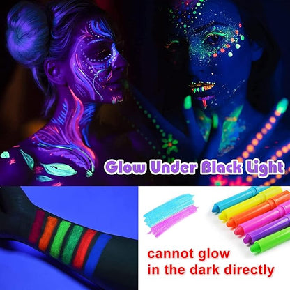 12 Pcs Glow in The Dark Body Face Paint Neon Glow in The Black Light UV Fluorescent Crayons Paint Sticks Makeup Kit for Kids Adults Halloween Masquerade Mardi Gras Blacklight Birthday Party