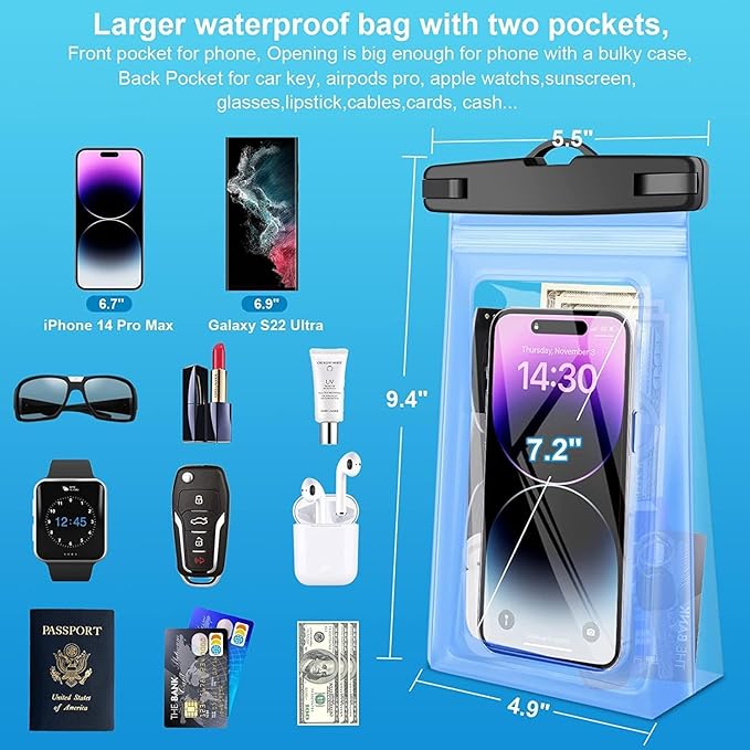 2 Pack Waterproof Phone Pouch Floating Large Waterproof Cellphone Dry Bag Case for iPhone 16 15 14 13 12 11 Pro Max XS XR X Galaxy S20-S24 Up to 7", PVC IPX8 Underwater HD Touch Phone Protector