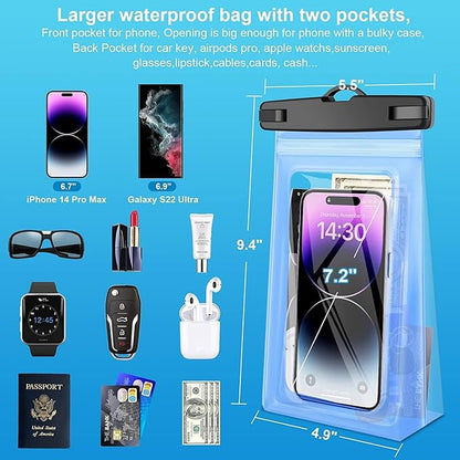 2 Pack Waterproof Phone Pouch Floating Large Waterproof Cellphone Dry Bag Case for iPhone 16 15 14 13 12 11 Pro Max XS XR X Galaxy S20-S24 Up to 7", PVC IPX8 Underwater HD Touch Phone Protector