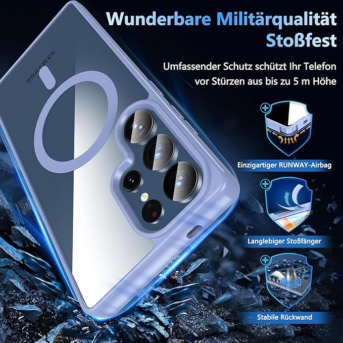 OWKEY Galaxy S25 Ultra Case 6.86'',Magnetic S25 Ultra Case for Magsafe with Tempered Glass Screen, [Shockproof Military] Transparent Back Slim Bumper Cover Phone Case Galaxy S25 Ultra, Light Blue
