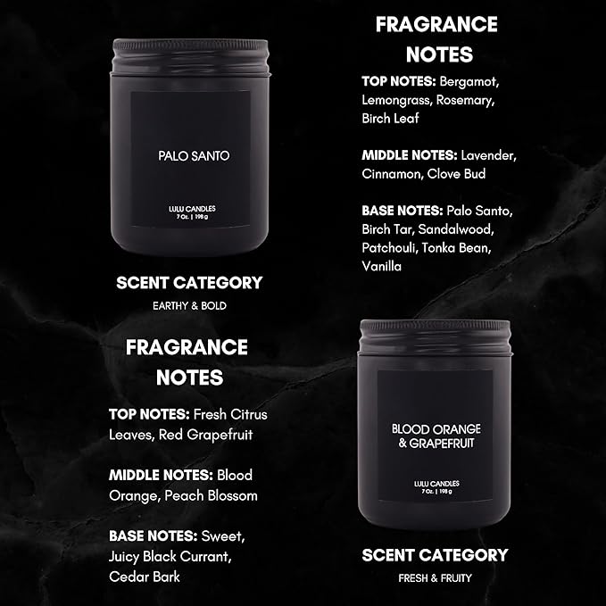 Lulu Candles | 4 Pack Scented Candles Gift Set | Gift Set for Home, Men, and Women | Jasmine, Oud & Sandalwood, Blood Orange & Grapefruit, Tobacco, Spice & Vanilla, and Palo Santo (4PCS - 7 Oz/Each)