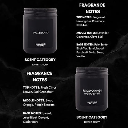 Lulu Candles | 4 Pack Scented Candles Gift Set | Gift Set for Home, Men, and Women | Jasmine, Oud & Sandalwood, Blood Orange & Grapefruit, Tobacco, Spice & Vanilla, and Palo Santo (4PCS - 7 Oz/Each)