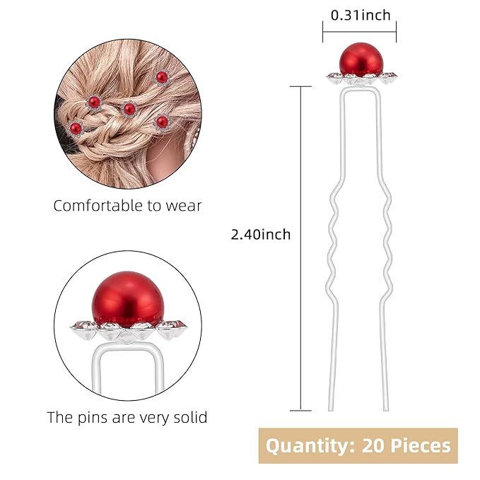 20 Pack (Red) Pearl Crystal Hair Pins Flower Rhinestone Hair Clips for Bridal Wedding Women Hair Jewelry Accessories, with Clear Container