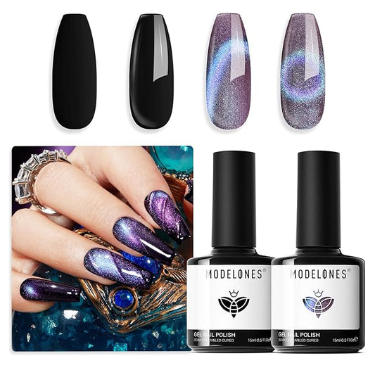 modelones Gel Nail Polish Set 2 PCS 15ML Black Purple Cat Eye Gel Nail Polish Holographic 9D Cat Eye Glitter Polish with Magnet Soak Off Led Nail Art DIY Salon Gift For Women Girl
