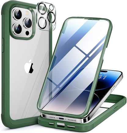Miracase Glass Series Designed for iPhone 14 Pro Max Case 6.7 Inch, Upgrade Full-Body Bumper Case with Built-in 9H Tempered Glass Screen Protector, with Camera Lens Protector, Green