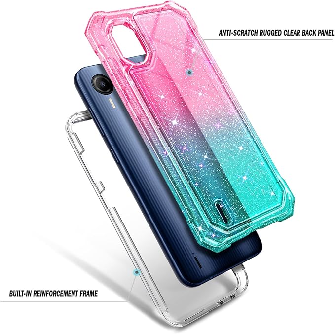 Designed for Cricket Debut S2, AT&T Calypso 4 Case with [Built-in Screen Protector] [6FT Military Grade Drop Tested] Full-Body Protective Shockproof Bumper Case (Glitter Pink/Aqua)