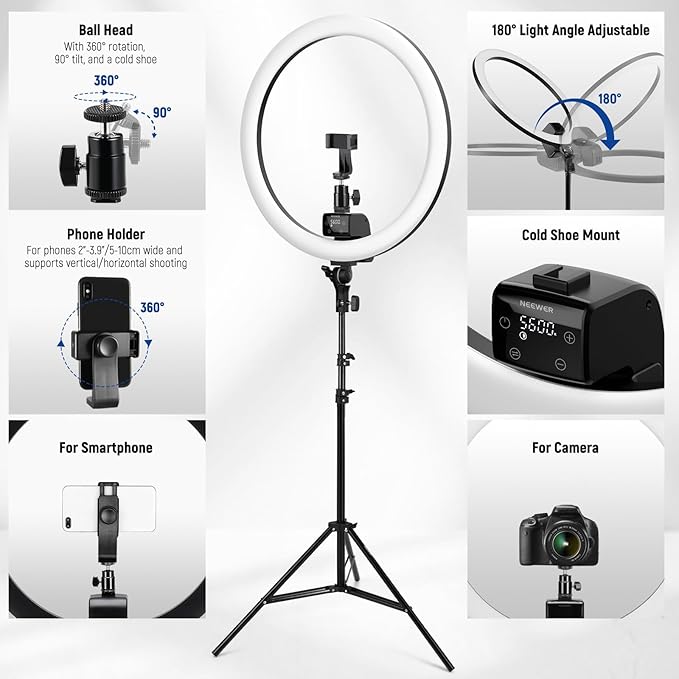 NEEWER Advanced 18" LED Ring Light with Tripod Stand Phone Holder for iPhone Samsung Android Phones for Makeup YouTube Video Blogger Salon (Black)