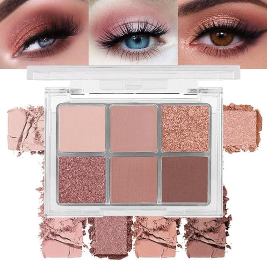 6 Colors Glitter Matte Eyeshadow Palette, Natural Nude Dark Brown Coffee Sparkly Eye Shadow Makeup, Warm Pastel Eye shadows Palette Long Lasting Waterproof Naturing-Looking Women Girls Eye Shadow 03