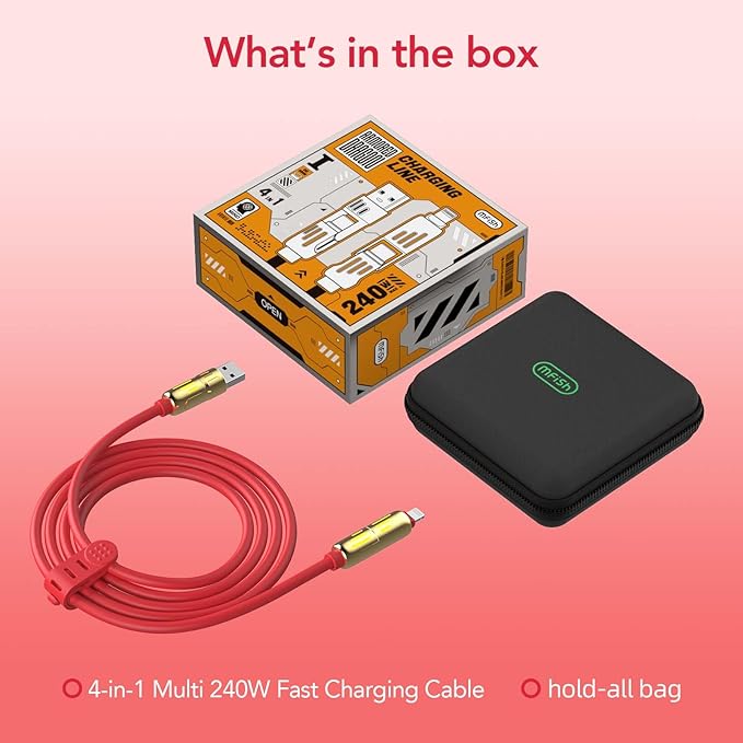 4-in-1 Universal Multi USB Charging Cable – 240W Max Fast Charger Cord with Multiple Connectors for iPhone 16/15/14/13, iPad, Samsung, MacBook, Tablets & More (Red, 6.6Ft)