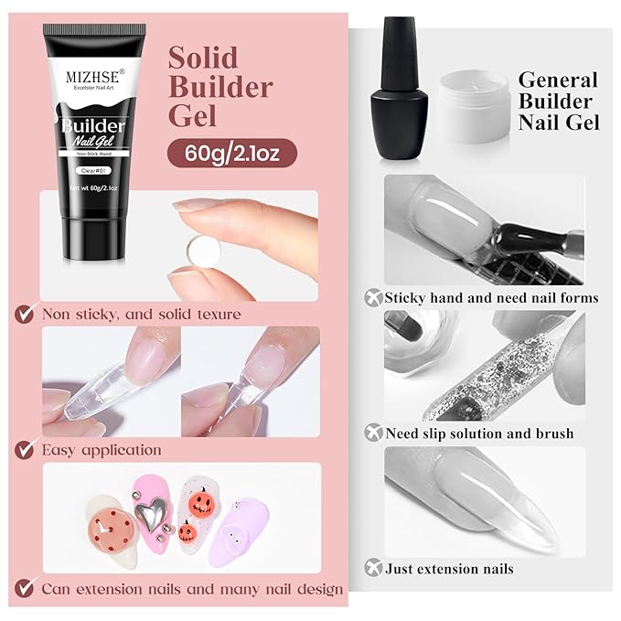 MIZHSE Solid Builder Gel, 2.1oz/60g Clear Builder Gel for Nails 3D Nail Gel Non-sticky Simple Sculpture Molding Gel for Beginner & Professional DIY Salon Nail Art Design Home Manicure