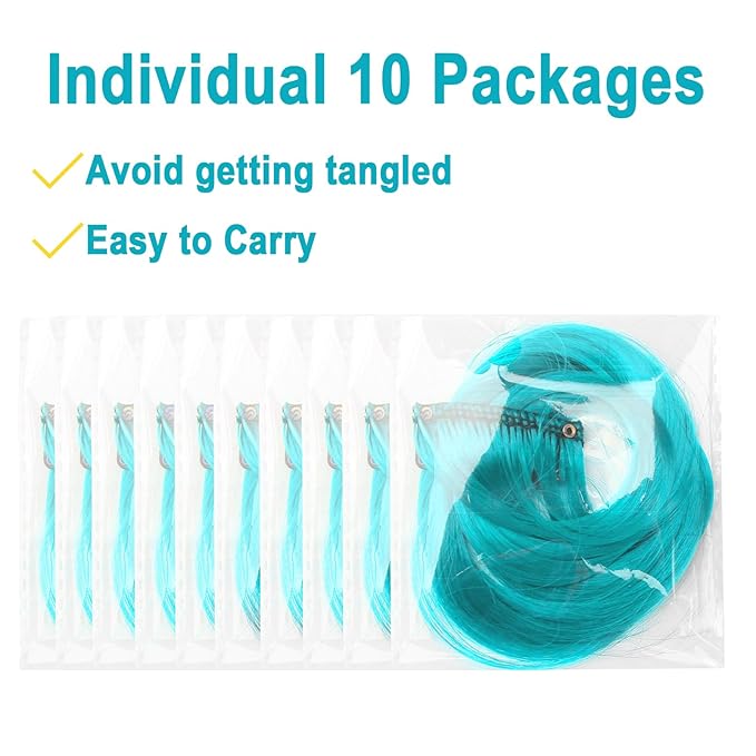 10 PCS Teal Blue Hair Extensions, Curly Wavy Synthetic Hairpieces Clip in Rainbow Neon Party Highlights, Colorful Hair Accessories for Girls Women 17 inch (Teal Blue)