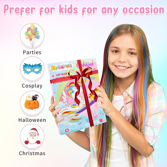 24PCS Colored Clip in Hair Extensions Birthday Gift for Girls Age 4 5 6 7 8-10-12 Year Old, 20Inch Colorful Hair Accessories Rainbow Hairpieces Christmas Stocking Stuffers for Girls Easter Valentines