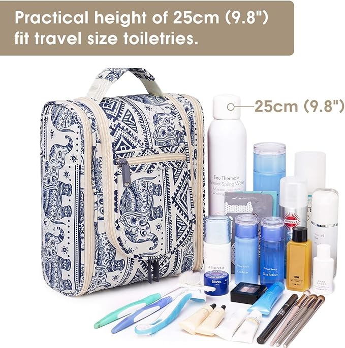 Narwey Small Hanging Toiletry Bag Women Travel Makeup Bag Organizer Toiletries Bag for Travel Size Essentials Accessories Cosmetics (Medium, Elephant)