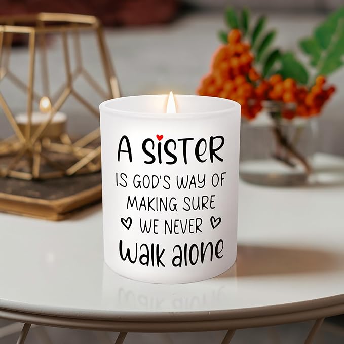 TEEZWONDER Mothers Day Gifts for Sister - A Sister Never Walk Alone Long Lasting Vanilla Lavender Candle 10 oz - Sister Mothers Day Gift Ideas, Christian Birthday Gifts for Women Sisters
