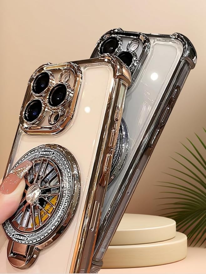for iPhone 16 Pro Case with Ring Stand [Compatible with MagSafe],Anti-Yellowing [Military-Grade Shockproof Corner] Clear Full Camera Protection Pressure Release Funny Phone Case for iPhone 16 Pro Gold