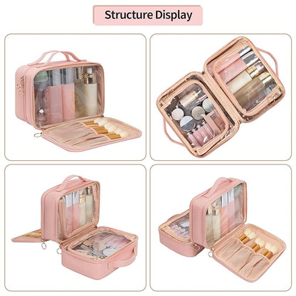 OCHEAL Makeup Bag, Double Layer Cosmetic Bag, Large Capacity New Look Clear Cosmetic Case for Women Travel Beauty Essentials, Multiple Compartments Make up Organizer Zipper Pouch- Pink