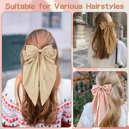 6 PCS Hair Bows for Women, Big Bow Hair Clips for Girls, Silky Satin Hair Bows Clips Oversized Long Tail, Large Hair Barrettes Cute Hair Accessories, Metal Bow Hair Clips khaki color