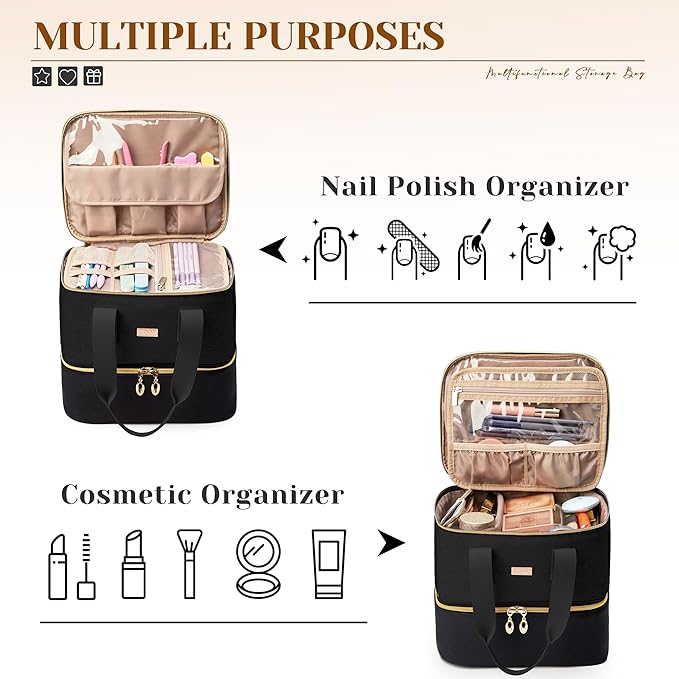 Nail Polish Organizer, Double Layer Nail Organizer and Storage Box Holds 42 Bottles & Nail Tech Kit Supplies, Large Capacity Nail Polish Organizer Case Carrying Bag, Black, BM007